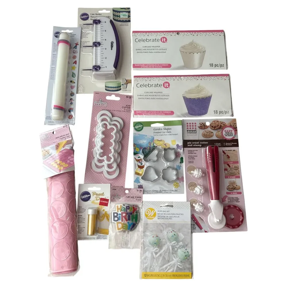 Lot Baking Decorating Tools Wilton Celebrate It Cutters Wrappers Toppers Mat